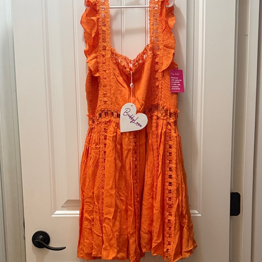 Buddy Love NWT Orange Lace Ruffle Mini Dress Boho Festival Game Day Vacation S